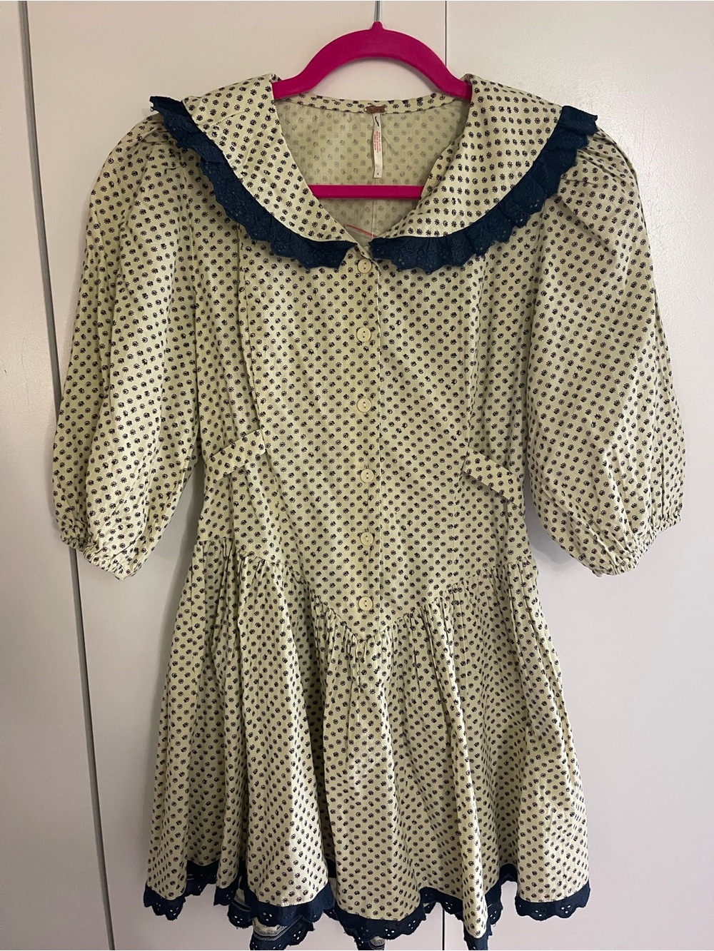 Free People Cream Bib Peplum Dress with Navy Trim and Design